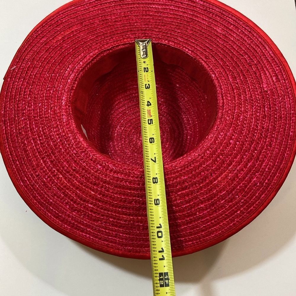 Liya 💯 Straw Women’s Elegant Red Wide-Brimmed Hat With Floral Embellishments - Picture 12 of 14
